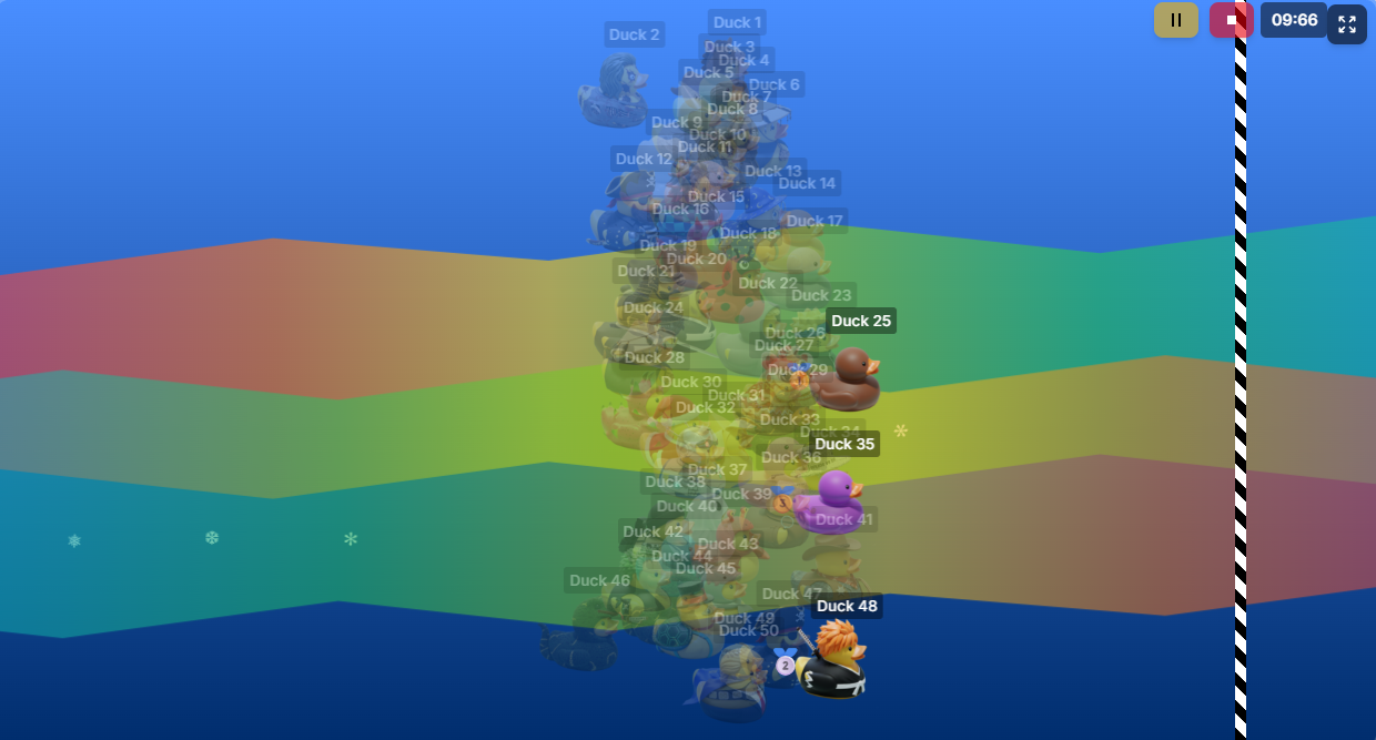 Live Random Duck Race gameplay: 20 rubber ducks racing with freeze, speed boost and black hole effects creating total chaos