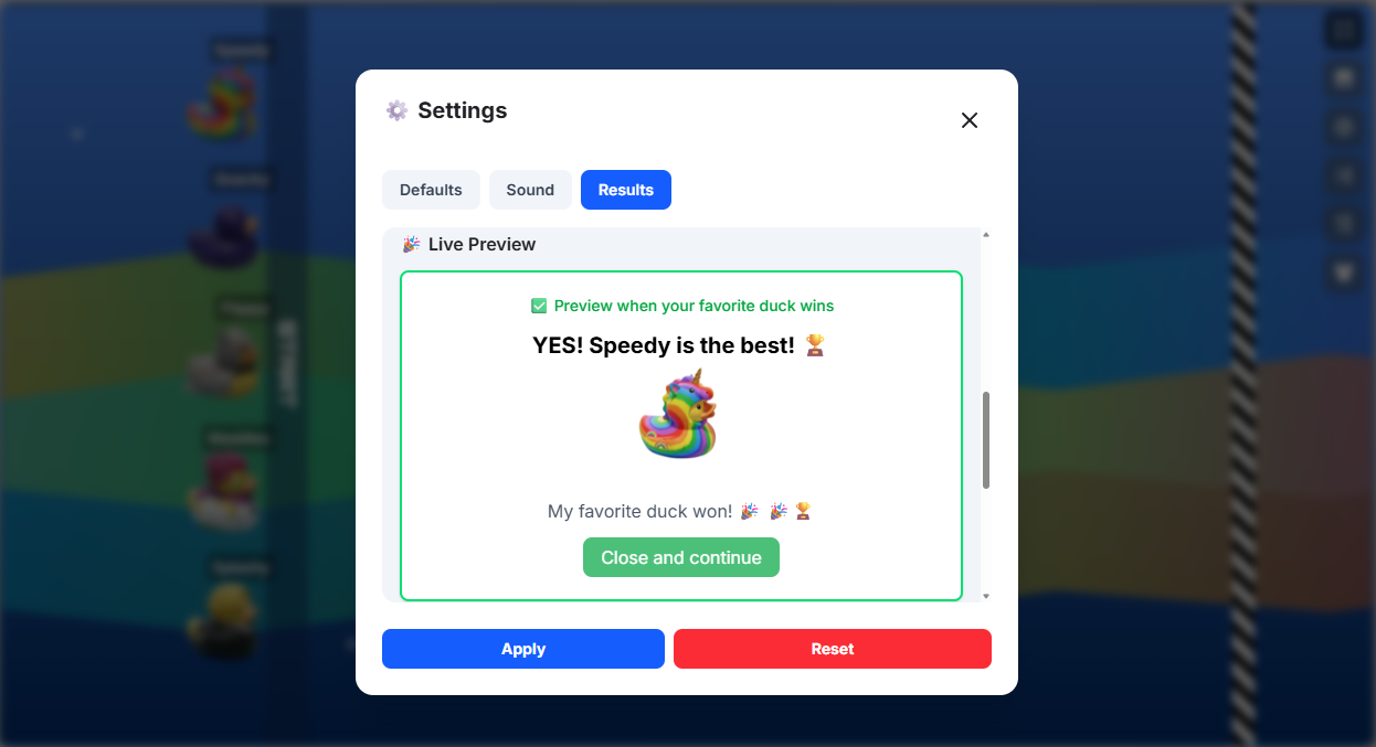 Random Duck Race advanced settings: speed boost rocket, slow turtle, freeze snowflake, hand push effects with adjustable probability up to 2%