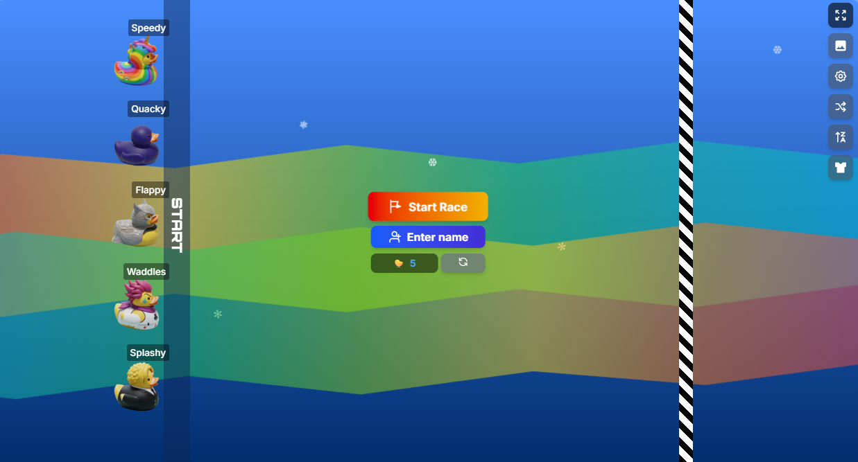 Random Duck Race starting screen showing 100+ colorful rubber ducks lineup with names like Speedy, Quacky, Flappy, settings panel and Start Race button