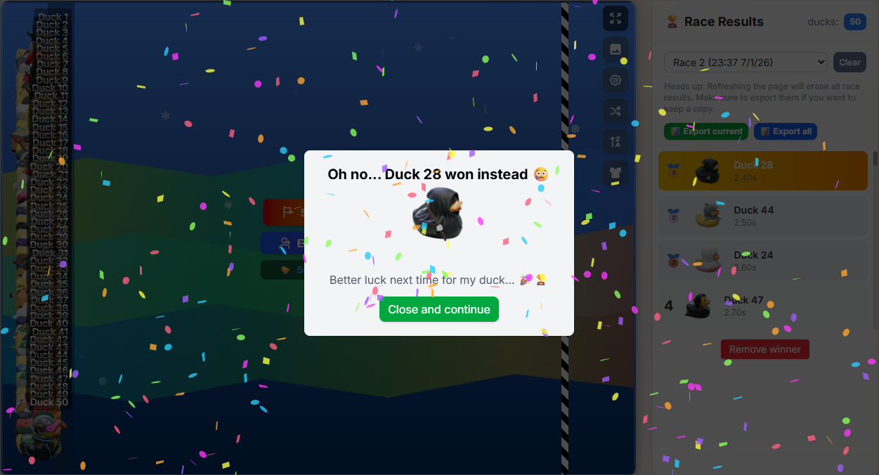 Random Duck Race victory celebration: green snake duck wins with confetti and 'Congratulations Duck 10 won!' message